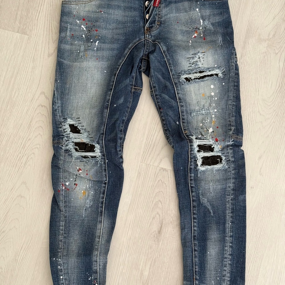 Men's DSquared2 Distressed Paint Splatter Blue Jeans